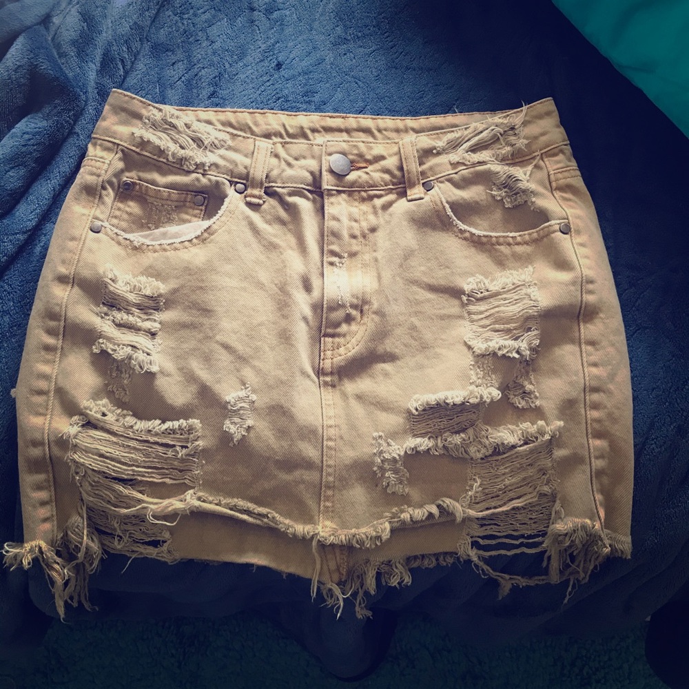 Distressed Khaki Denim Mini Skirt